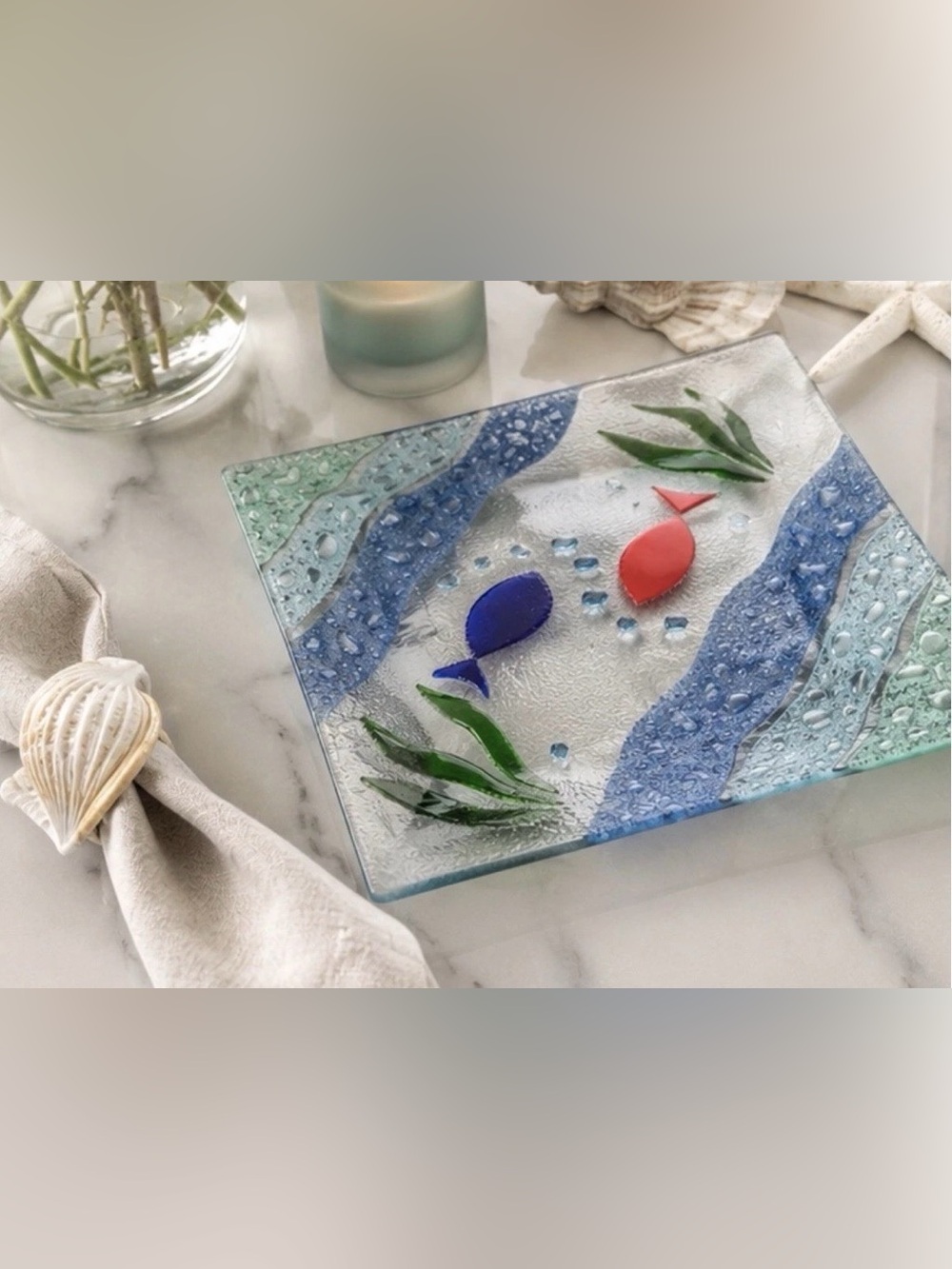 Fused Art Glass Fish Platter Tray 10” Sushi Plate Bubbles Coastal Decor Ocean